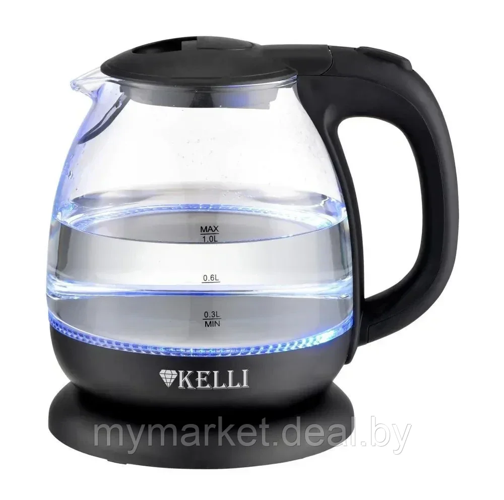 Чайник электрический стеклянный 1 л мощность 1100 Вт синяя подсветка Kelli KL-1370 - фото 1 - id-p203987496