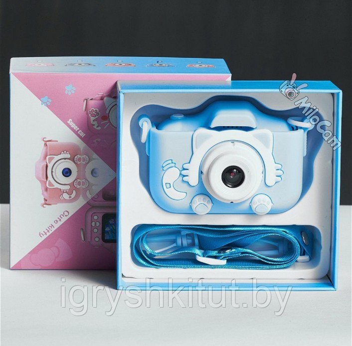 Детский цифровой фотоаппарат голубой Котик + Карта 8GB в подарок - фото 1 - id-p203988972
