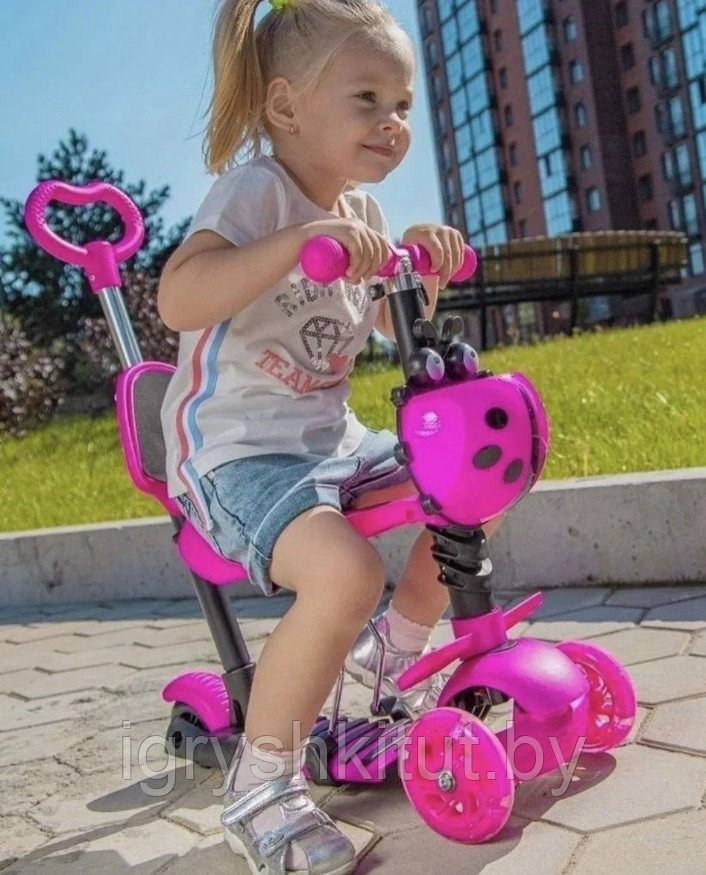 Детский самокат- беговел 5в1 Розовый (божья коровка, лепестки для ног) - фото 7 - id-p154424335
