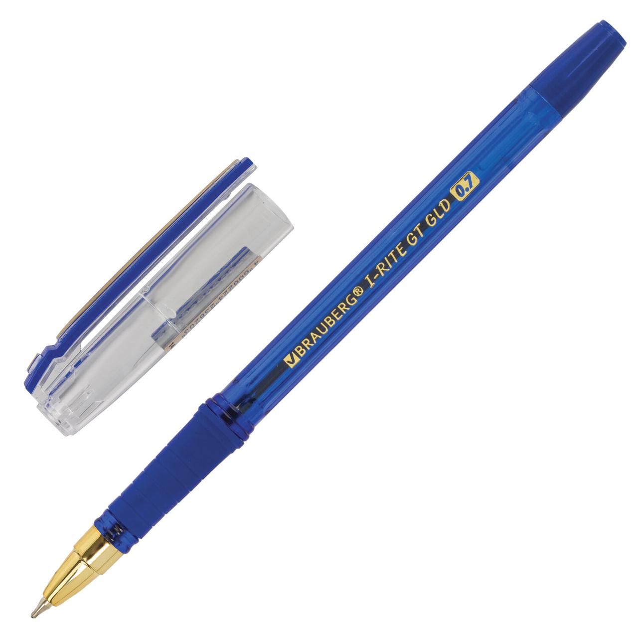 Ручка шариковая масляная с грипом BRAUBERG "i-Rite GT GLD", СИНЯЯ, корпус тонированный синий, узел 0,7 мм, - фото 1 - id-p203996190