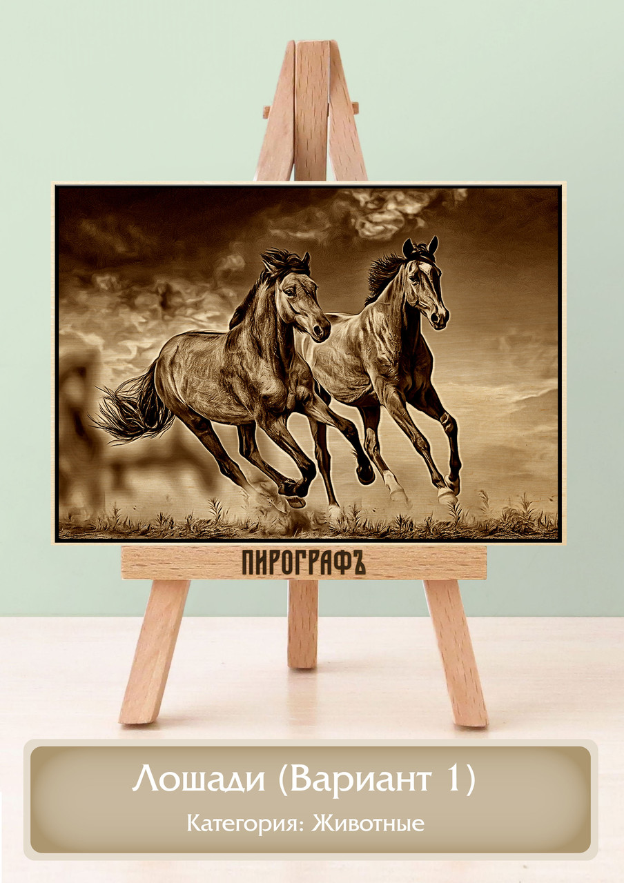 Картины и портреты (выжигание на холсте) Лошади (Вариант 1) А4 (21х30см).  деревянные под заказ
