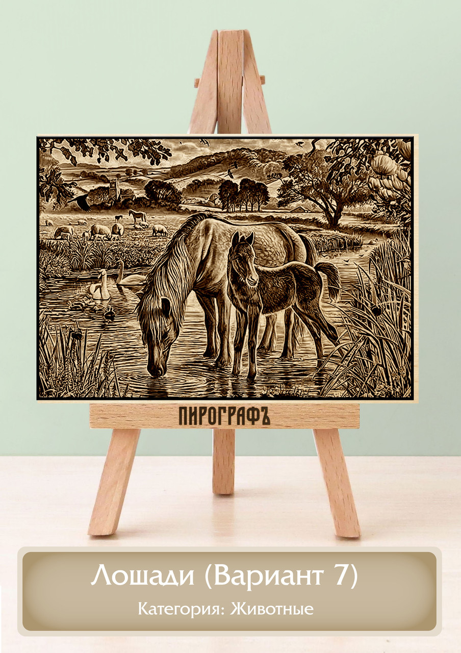 Картины и портреты (выжигание на холсте) Лошади (Вариант 7) А3 (30х40см).  деревянные под заказ