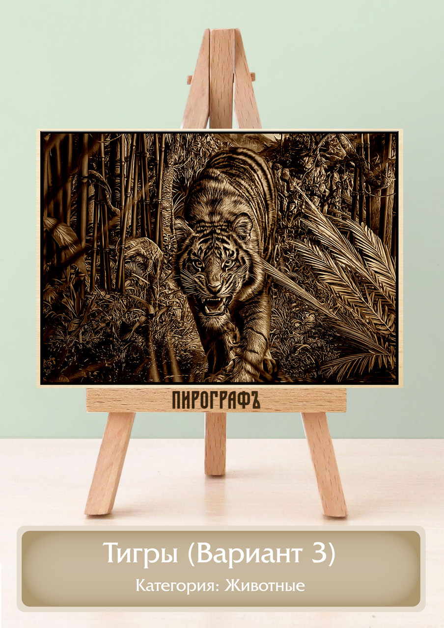 Картины и портреты (выжигание на холсте) Тигры (Вариант 3) А4 (21х30см).  деревянные под заказ