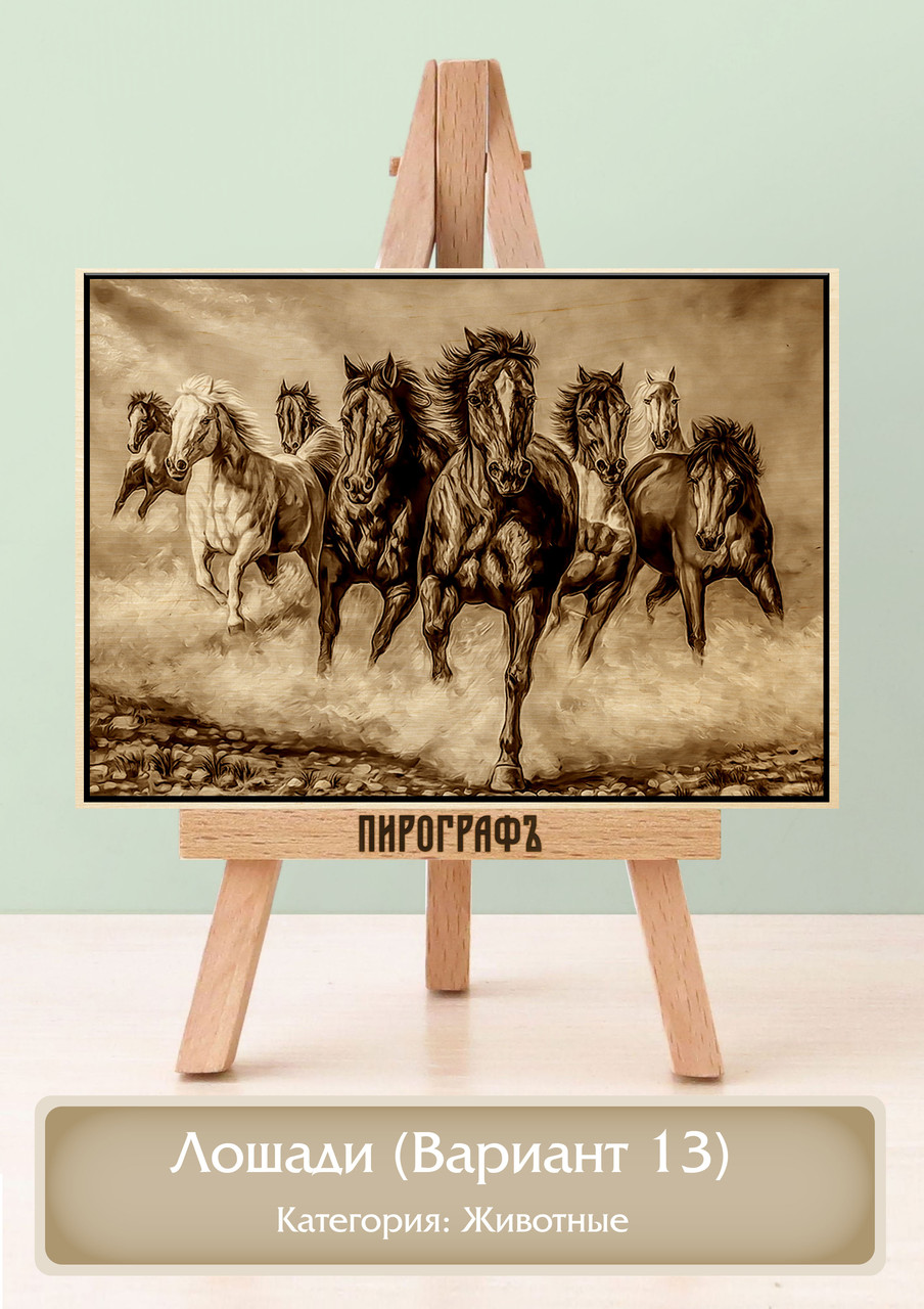 Картины и портреты (выжигание на холсте) Лошади (Вариант 13) А4 (21х30см).  деревянные под заказ