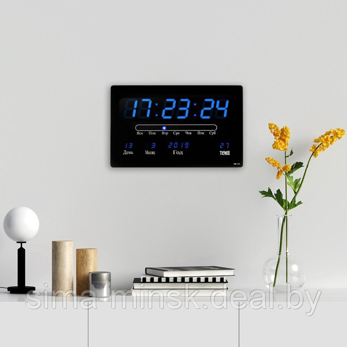 Часы электронные настенные, будильник, календарь, термометр, 20 х 3 х 33 см, от сети, синие - фото 2 - id-p204090540