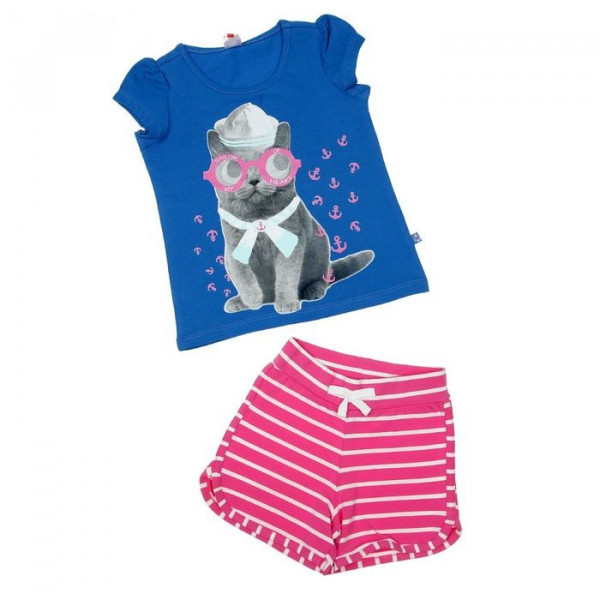 Комплект для девочки футболка шорты синий розовый р-р 110 - фото 1 - id-p204097496