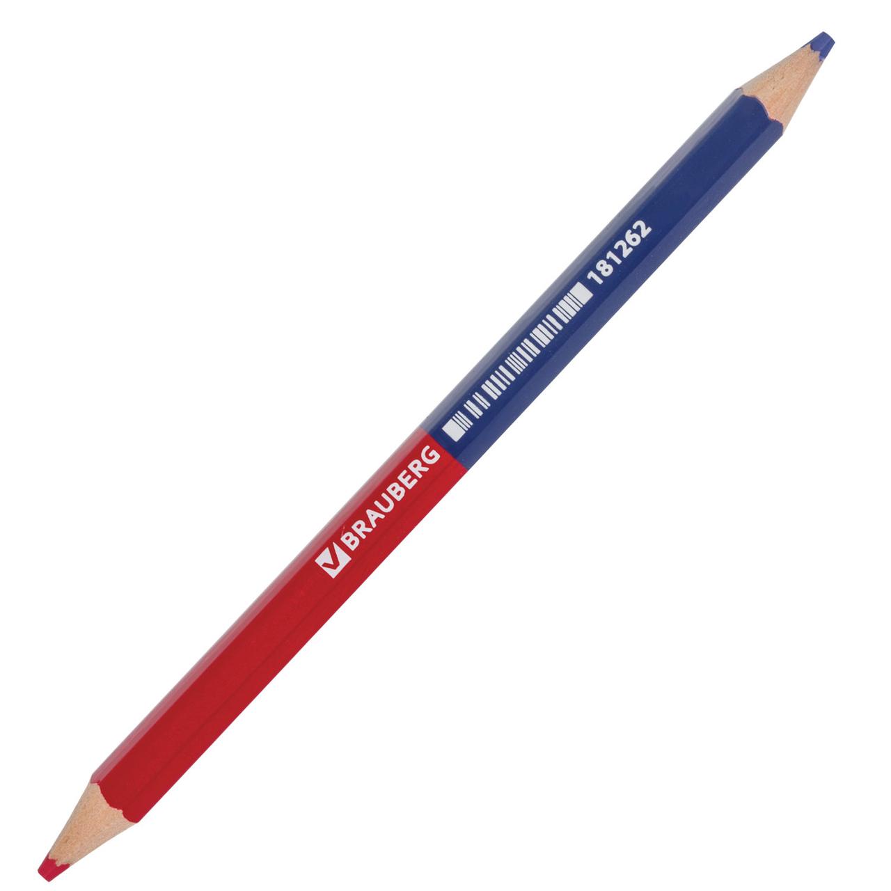 Карандаш двухцветный КРАСНО-СИНИЙ УТОЛЩЕННЫЙ BRAUBERG заточенный, грифель 4,0 мм, 181262