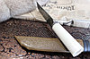 Нож Пчак с ручкой из белой кости с узором на лезвии, фото 3