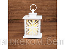 Декоративный фонарь со свечкой, белый корпус со снежинкой, размер 12х12х18 см, цвет теплый белый (Применяется