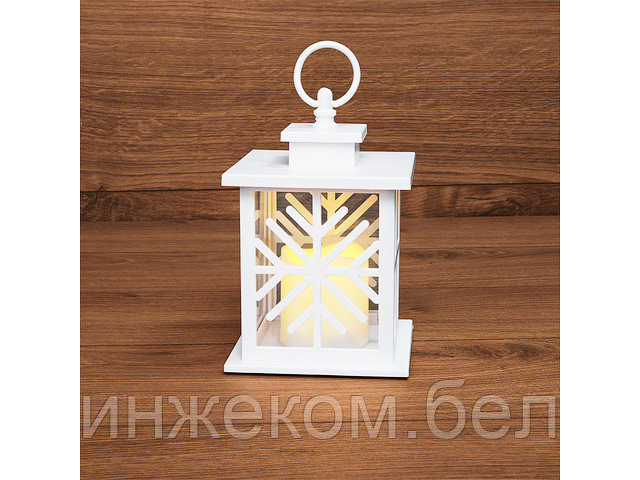 Декоративный фонарь со свечкой, белый корпус со снежинкой, размер 12х12х18 см, цвет теплый белый (Применяется - фото 1 - id-p204147834