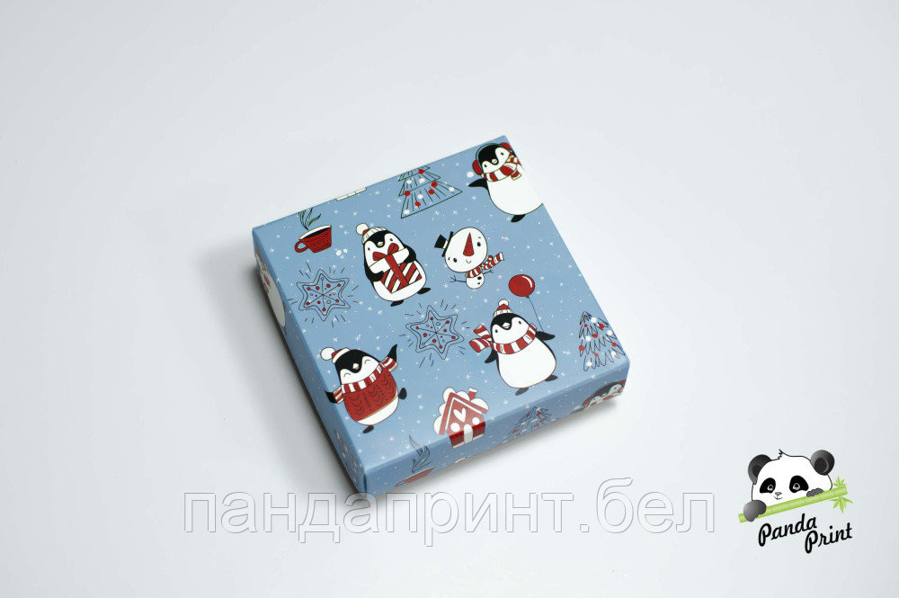 Коробка 75х75х30 Новогодние пингвины (крафт дно)