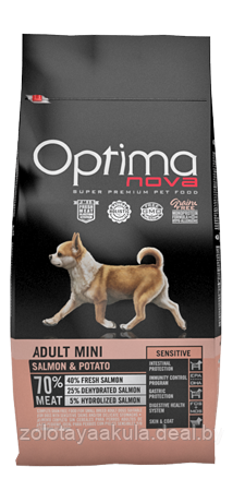 Корм Optima Nova Grain Free Adult Mini 800гр Лосось с картофелем для взрослых собак мелких пород - фото 1 - id-p204222443