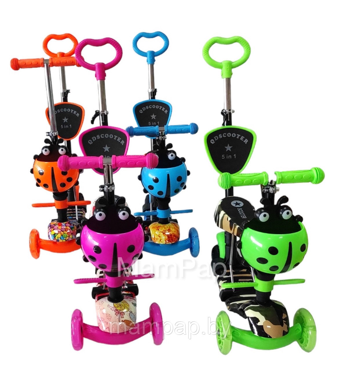 Детский трехколесный самокат SCOOTER MINI 5в1 принт, с сиденьем и родительской ручкой, корзинка, подножка