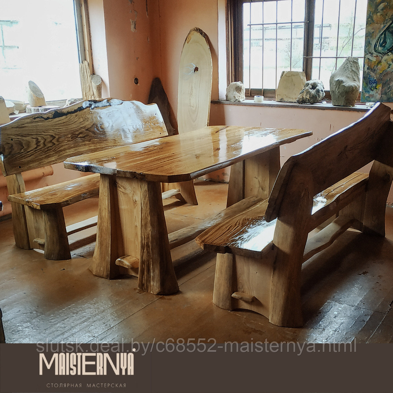 Комплект мебели Гонар (2 скамейки, стол, массив дуба) - фото 3 - id-p204266377