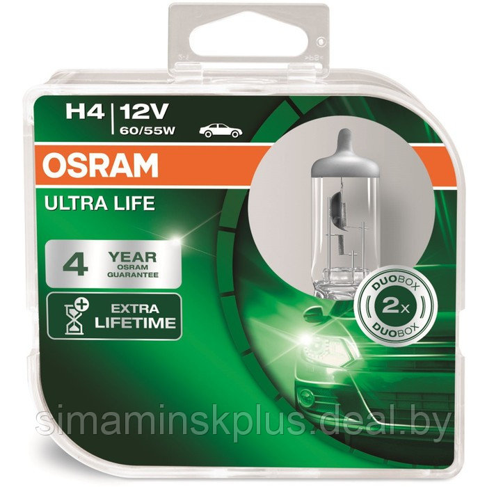 Лампа автомобильная Osram Ultra Life, H4, 12 В, 60/55 Вт, набор 2 шт, 64193ULT-HCB - фото 1 - id-p204280386