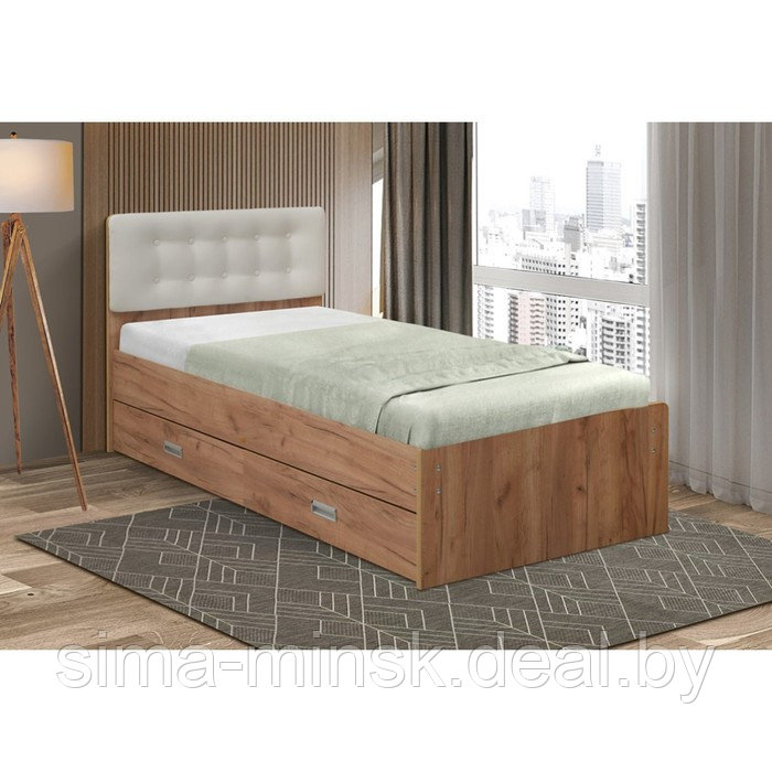 Кровать №6 с ящиками и мягкой головной спинкой, 900×1900 мм, велюр 002, цвет дуб крафт - фото 1 - id-p204284814