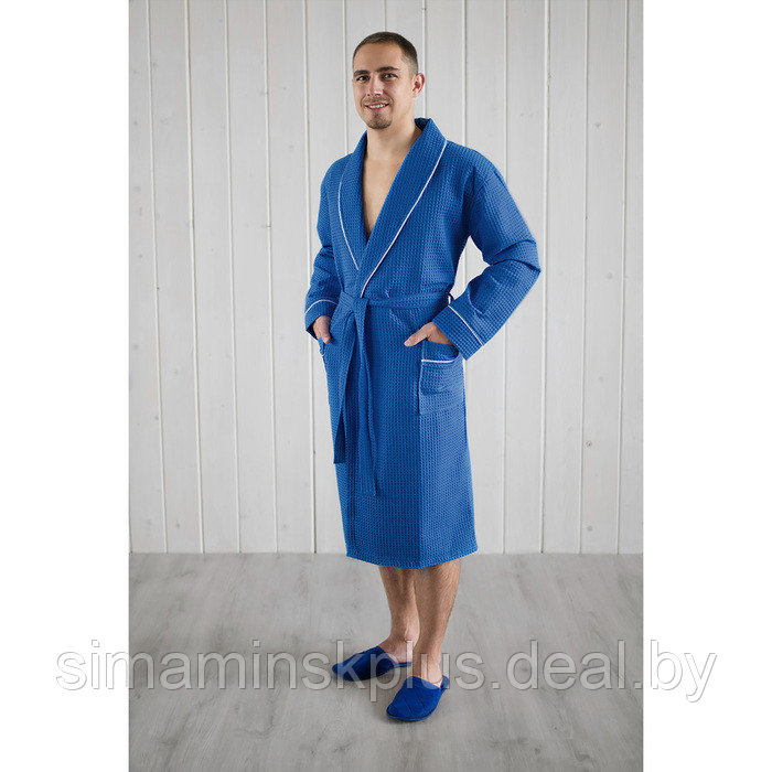Халат мужской, шалька+кант, размер 54, цвет синий, вафля - фото 1 - id-p204282309