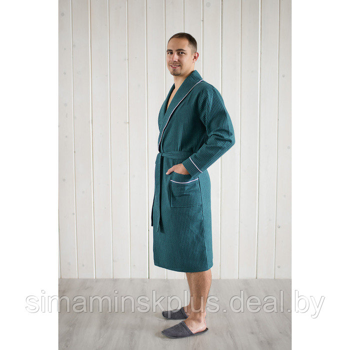 Халат мужской, шалька+кант, размер 50, цвет изумрудный, вафля - фото 2 - id-p204282312