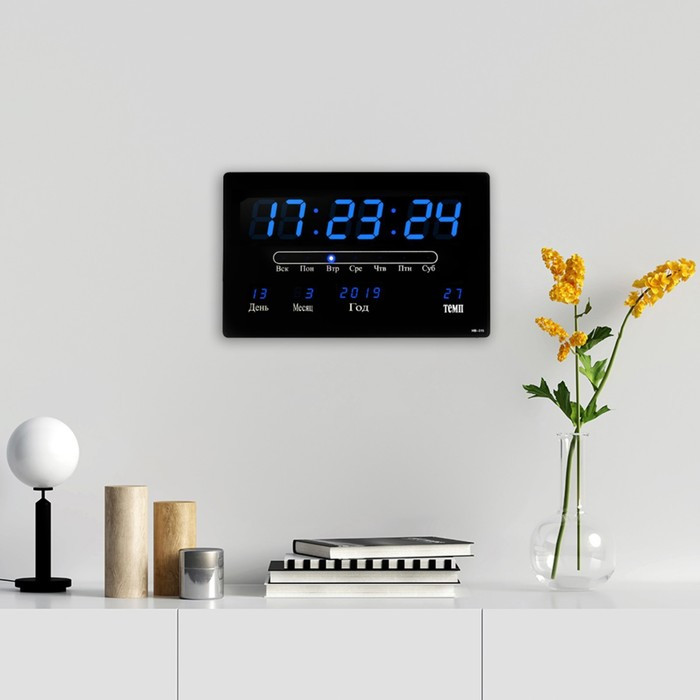 Часы электронные настенные, будильник, календарь, термометр, 20 х 3 х 33 см, от сети, синие - фото 2 - id-p204289348