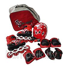 Роликовые коньки детские ролики набор с защитой и шлемом, раздвижные в сумке 31-34 красный