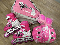 Роликовые коньки детские ролики набор с защитой и шлемом, раздвижные в сумке 31-34 розовый