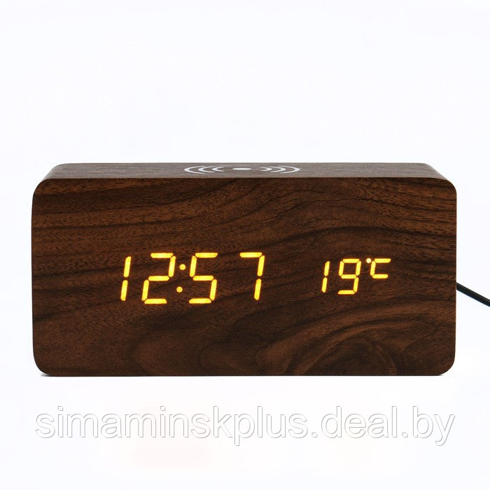 Настольные электронные часы "Цифра-ТЗ", будильник, термометр, QI зарядка, жёлтая индикация - фото 2 - id-p204299369
