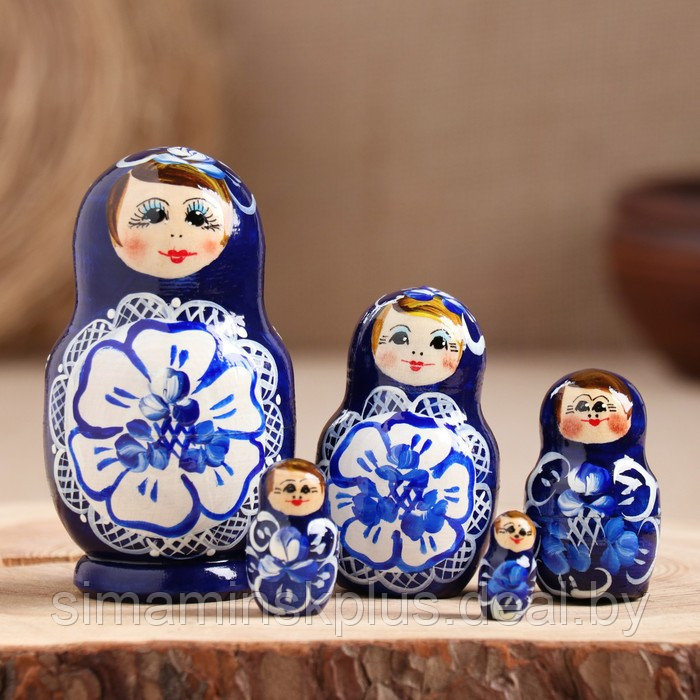 Матрёшка «Гжель», синее платье, 5 кукольная, 9,5-11 см - фото 1 - id-p204302331