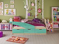Кровать детская Дельфин 1,8м дуб беленый/бирюзовый глянец - МиФ