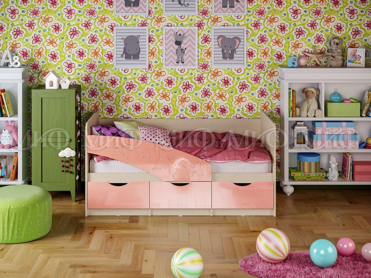 Кровать Бабочки 1.8*0.8м (Розовый металлик / Дуб беленый) МИФ - фото 1 - id-p204372815