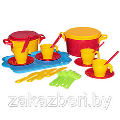 Игрушка детская пластмассовая "Набор посуды. Хозяйка" на 4 персоны: поднос, кастрюля, вилка - 4шт, ложка -