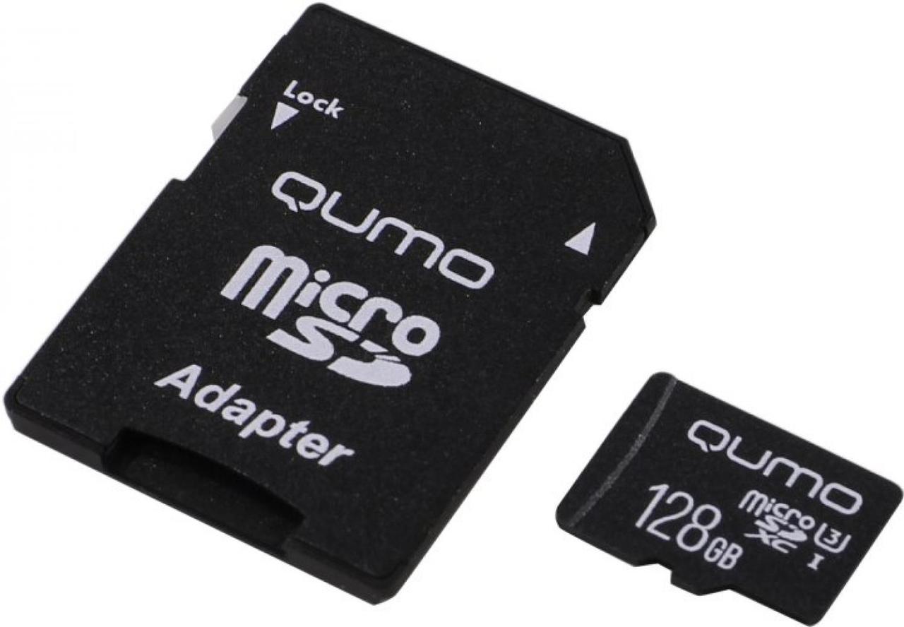 Карта памяти Qumo QM128GMICSDXC10U3 microSDXC 128Gb Class10 UHS-I U3 + microSD-- SD Adapter - фото 1 - id-p204487661