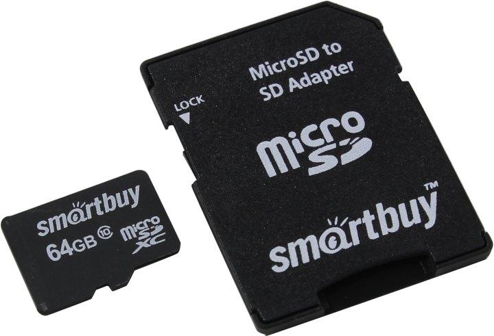 Карта памяти SmartBuy SB64GBSDCL10-01LE microSDXC 64Gb Class10 + microSD-- SD Adapter - фото 1 - id-p204487710