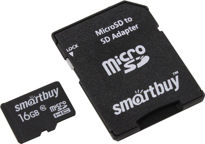 Карта памяти SmartBuy SB16GBSDCL10-01LE microSDHC 16Gb Class10 + microSD-- SD Adapter - фото 1 - id-p204487716