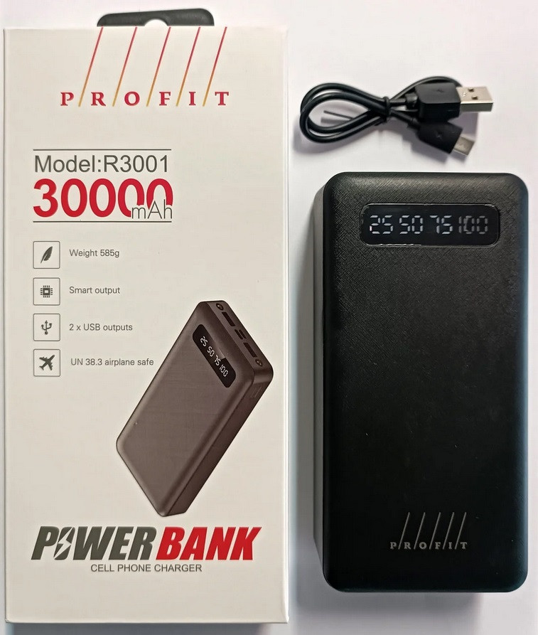 Внешний аккумулятор 30000mAh - PROFIT R3001, пластик, дисплей, 2 USB выхода,вход Type-c и Micro - фото 1 - id-p64976909