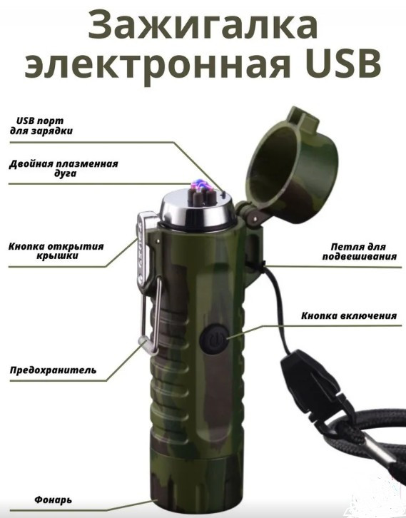 Электроимпульсная USB зажигалка с фонариком, ветрозащитная, для кемпинга и путешествий, в коробке +подарок - фото 7 - id-p204490473