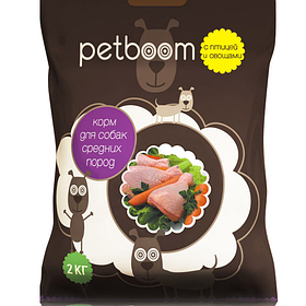 «Petboom» корм сухой для взрослых собак средних пород с птицей и овощами. Фасовка: 2 кг