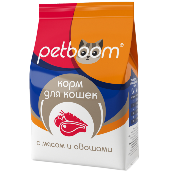 «Petboom» Корм сухой для взрослых кошек с мясом и овощами . Фасовка: 0,4 кг