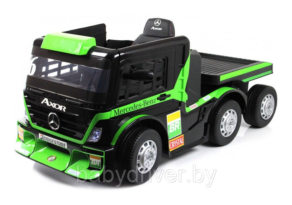 Детский электромобиль RiverToys Mercedes-Benz Axor с прицепом H777HH (зеленый) Лицензия с пультом