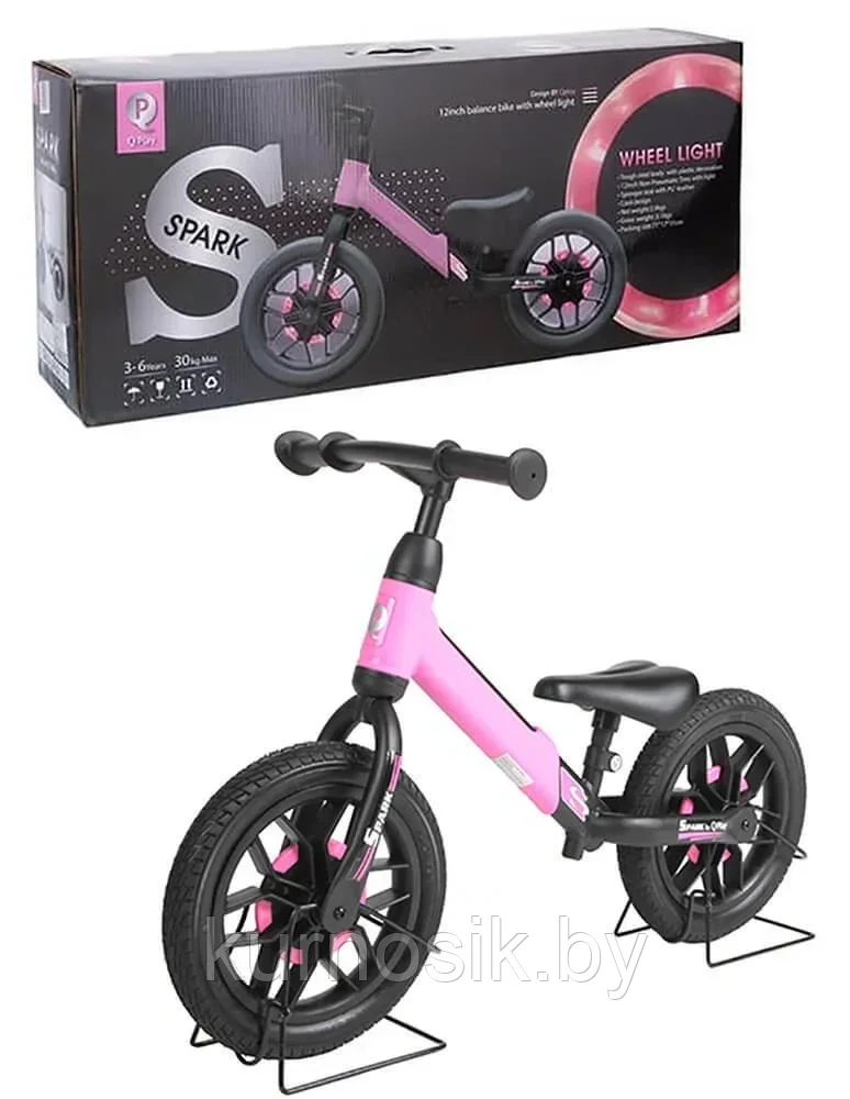 Беговел со светящимися колесами для детей Qplay Spark Balance Bike, розовый - фото 3 - id-p204522913