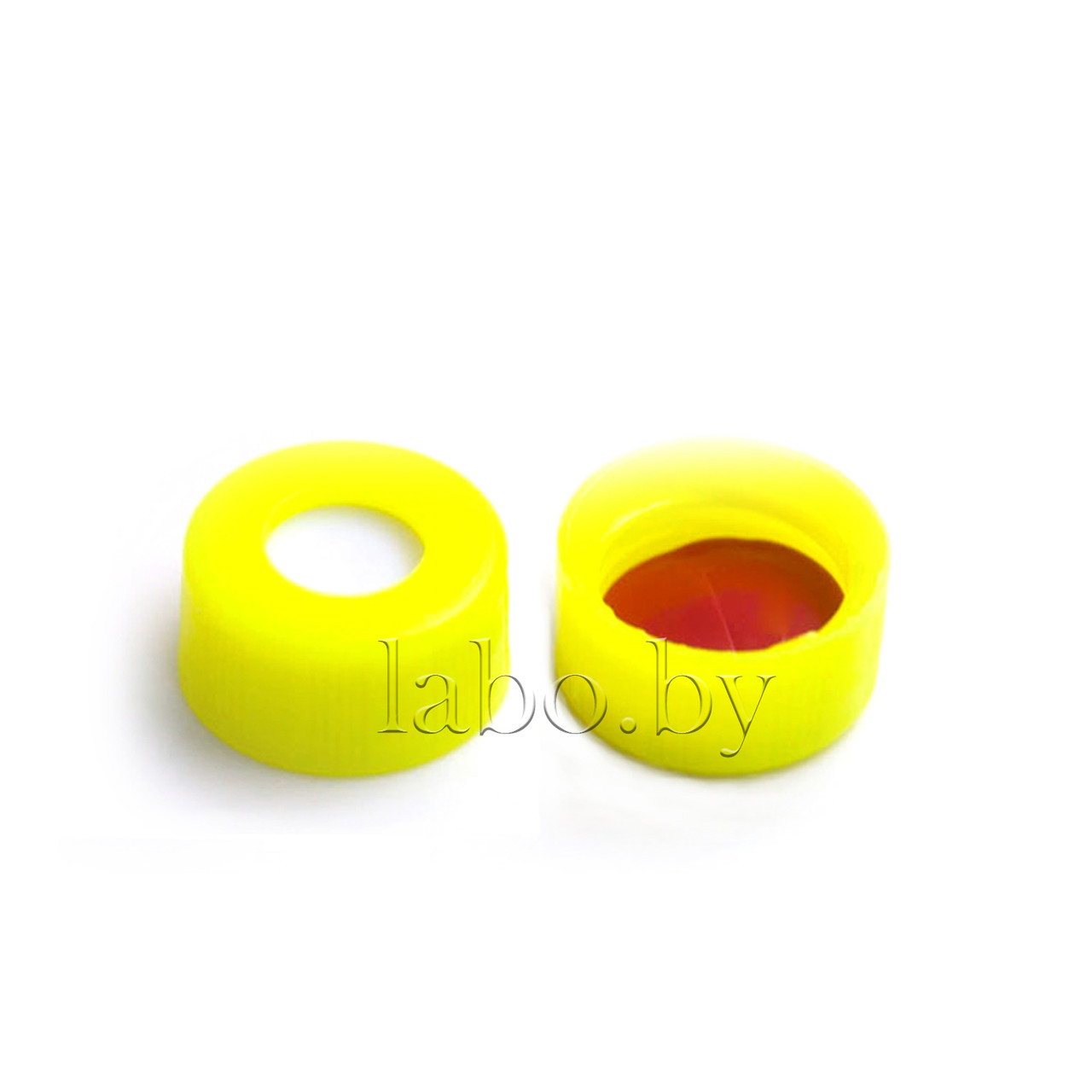Желтая винтовая ПП крышка 9мм, с септой красный ПТФЭ / белый силикон, центральное отверстие 6 мм,(уп.–100 шт)