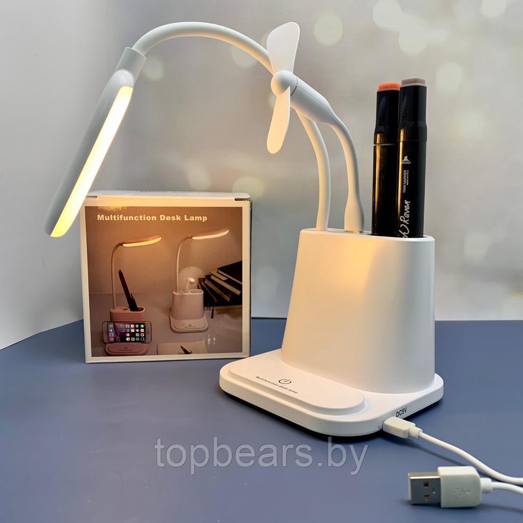 Умная настольная светодиодная лампа 3 в 1 со встроенным аккумулятором USB (лампа, вентилятор, органайзер)