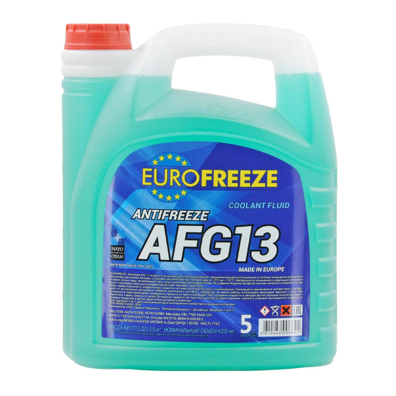 Жидкость охлаждающая низкозамерзающая Antifreeze "Eurofreeze AFG 13" 4,8 кг (4,2 л) зеленый - фото 1 - id-p204635137