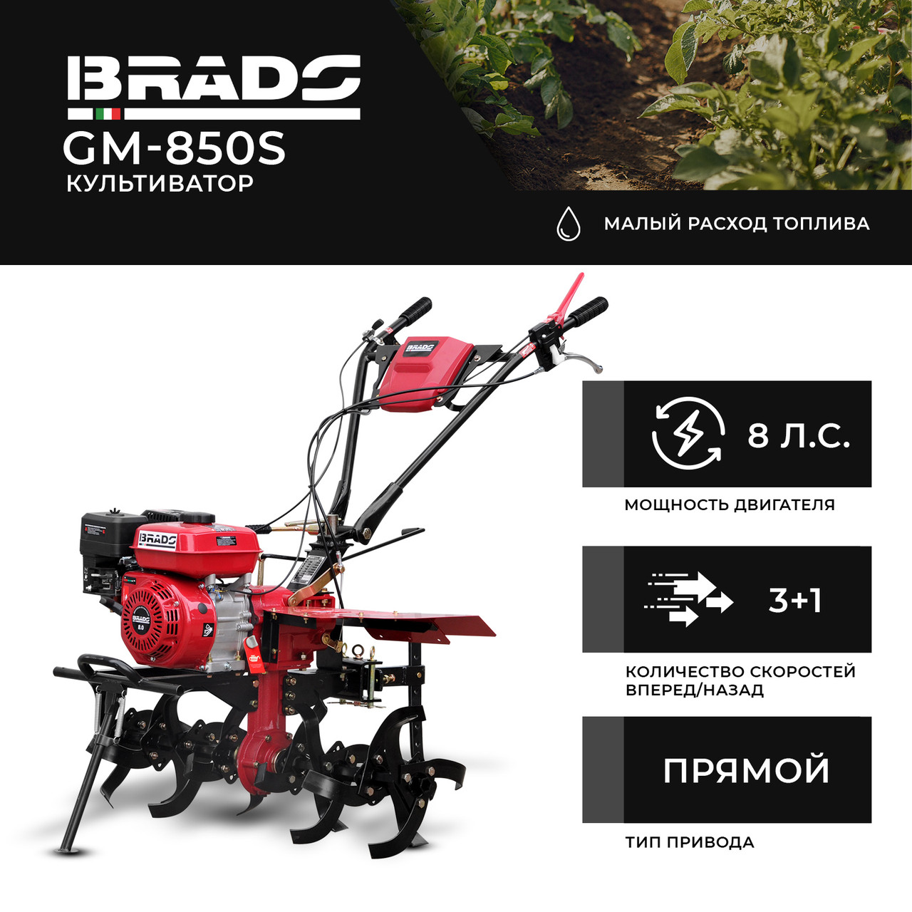 Культиватор  BRADO GM-850S (8 л.с., без ВОМ, пон.пер,3+1, без колёс)