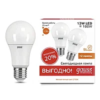 Лампа Gauss LED Elementary А60 12W E27 3000K 2/50 (2 лампы в упаковке)