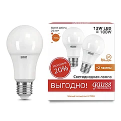 Лампа Gauss LED Elementary А60 12W E27 3000K 2/50 (2 лампы в упаковке)