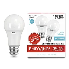 Лампа Gauss LED Elementary А60 12W E27 4100K 2/50 (2 лампы в упаковке)