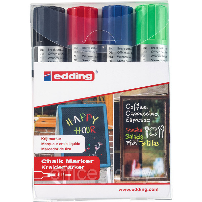 Набор маркеров меловых по стеклу edding 4090, смываемые, скошенный наконечник, 4-15 мм, 4 цвета 4 цвета, (25 - фото 1 - id-p204671885