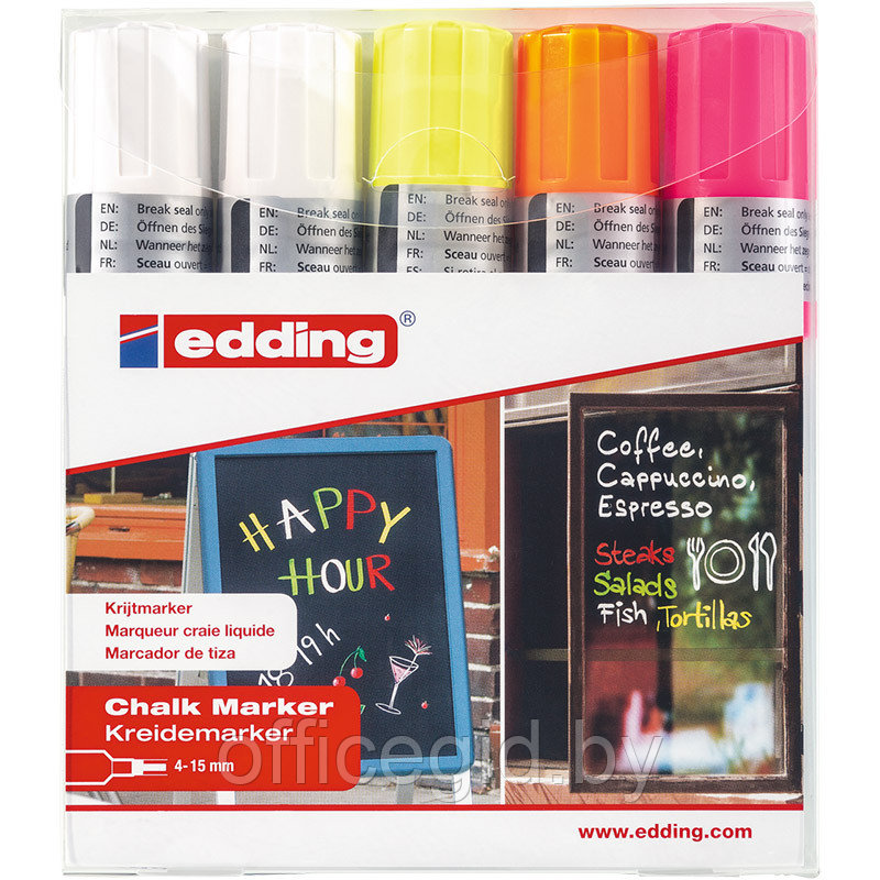 Набор маркеров меловых по стеклу edding 4090, смываемые, скошенный наконечник, 4-15 мм, 5 цветов 5 цветов, (18 - фото 1 - id-p204671886
