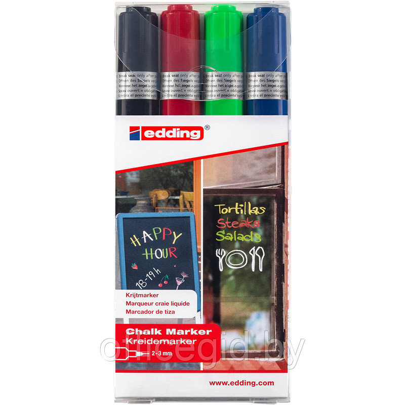 Набор маркеров меловых по стеклу edding 4095, смываемые, круглый наконечник, 2-3 мм, 4 цвета 4 цвета, (96 - фото 1 - id-p204671906