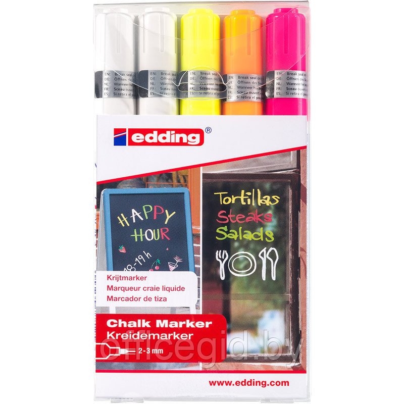 Набор маркеров меловых по стеклу edding 4095, смываемые, круглый наконечник, 2-3 мм, 5 цветов Набор, (64 - фото 1 - id-p204671907